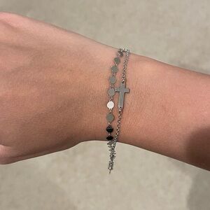 Double Strand Disc & Cross Bracelet Sterling Silver NEW